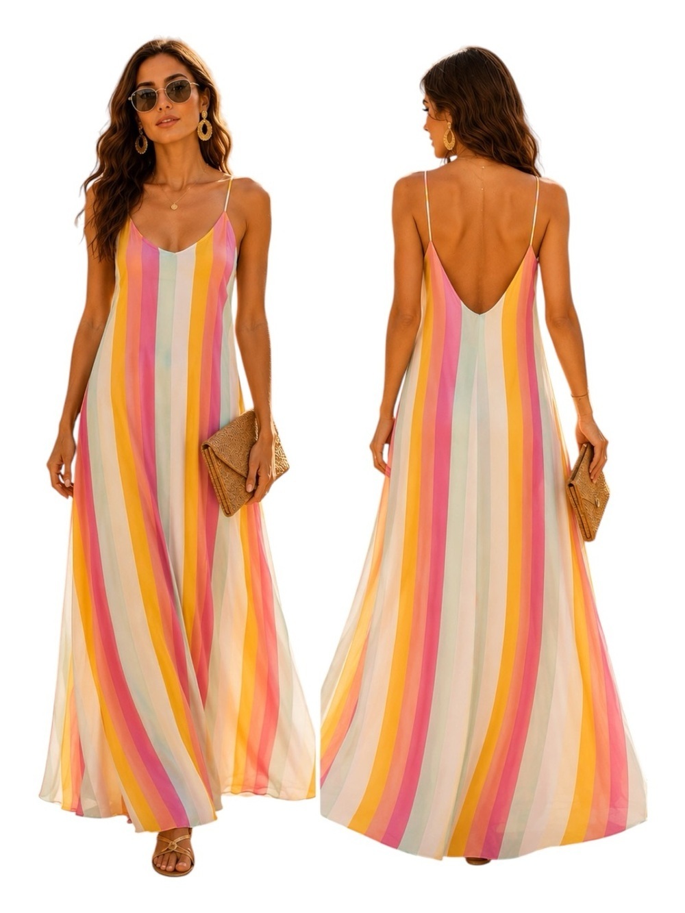 Pastel Rainbow Stripe Maxi Dress Low Back Resort Glam Vacation Cover Up Medium - Picture 2 of 14